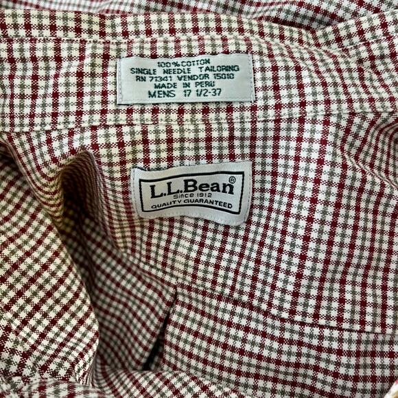 LL Bean Men Button Down Shirt Size 17 1/2 - 37 Gray Dark Red Plaid Single Needle - Picture 3 of 3